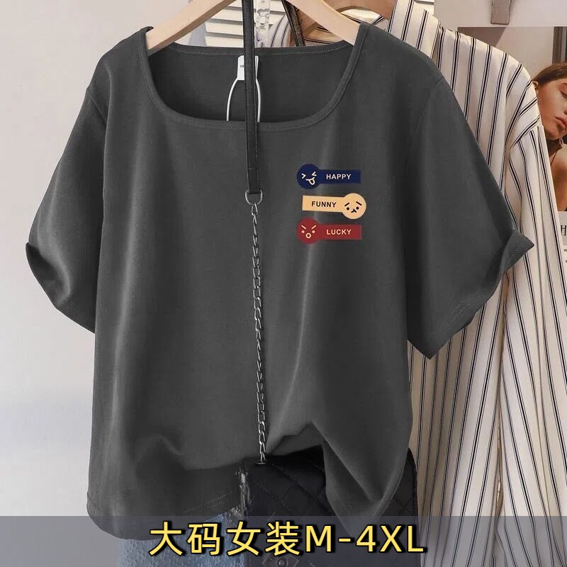纯棉女装方领夏季T恤时尚减龄上衣服别致胖mm宽松短袖黑色白色