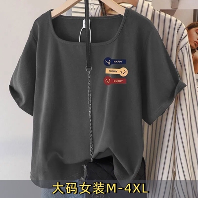 纯棉女装夏季T恤时尚减龄上衣服别致胖mm宽松短袖白色灰色休闲