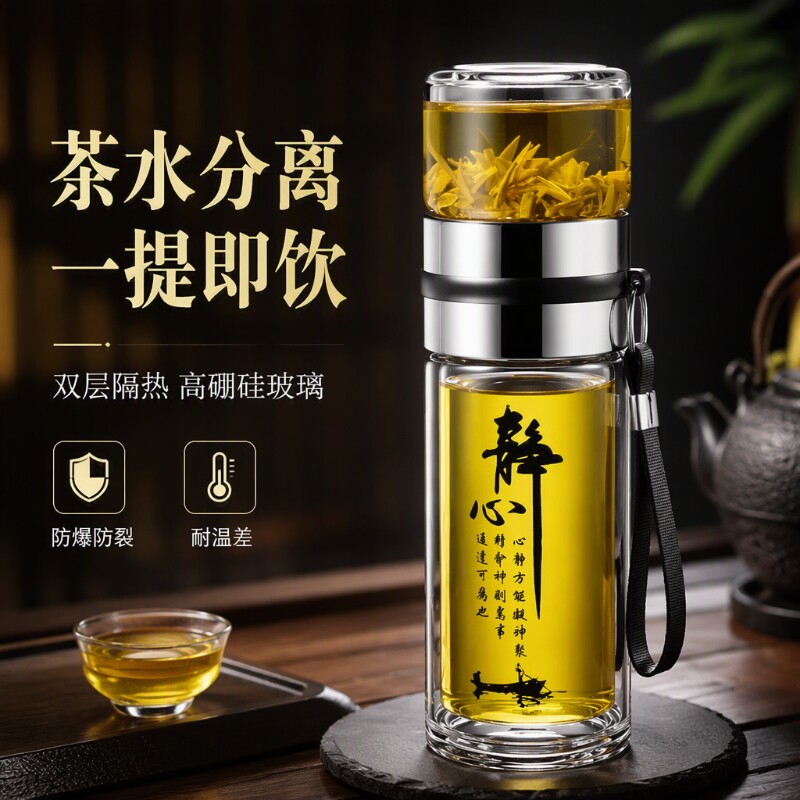 玻璃茶水分离水杯男士双层隔热摔不烂泡茶保温茶杯防爆便携高硼硅
