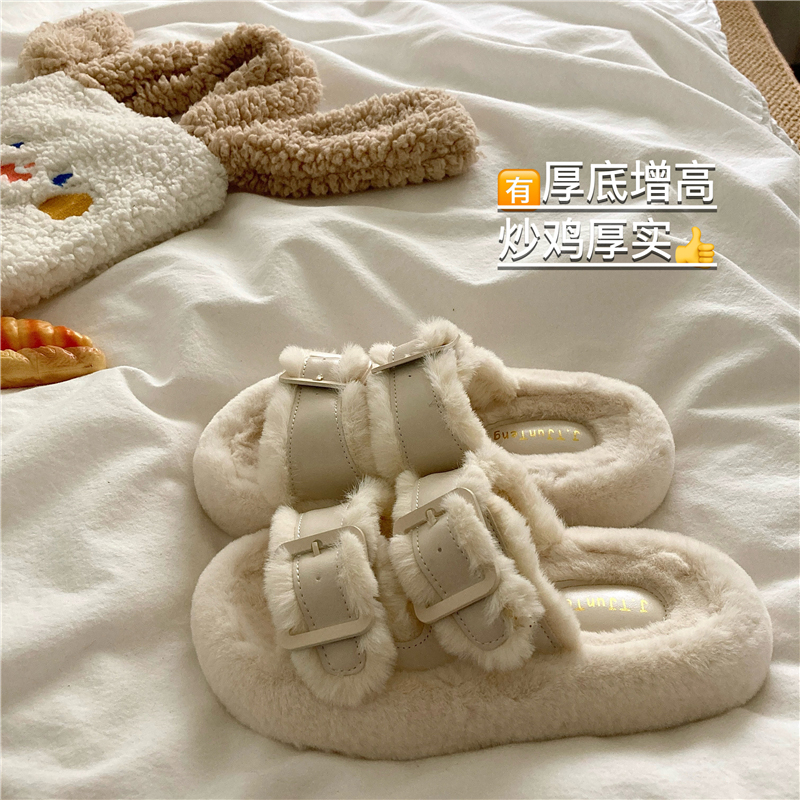 高级感~厚底增高INS毛毛拖鞋女冬季加绒保暖棉拖鞋潮外穿毛绒黑色