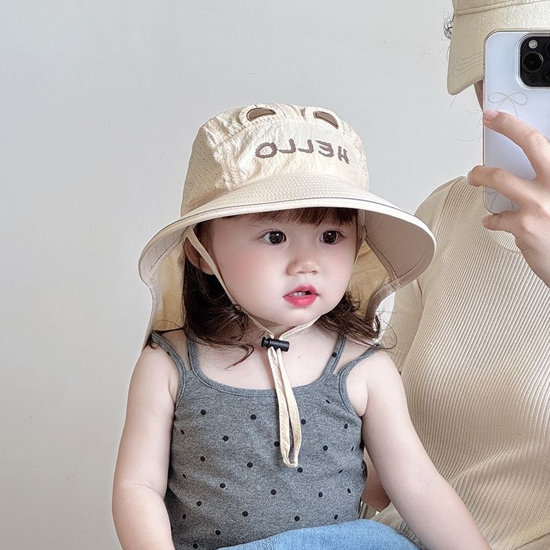 儿童防晒帽夏季男童女童大檐遮阳帽速干网眼渔夫帽宝宝可爱披肩帽