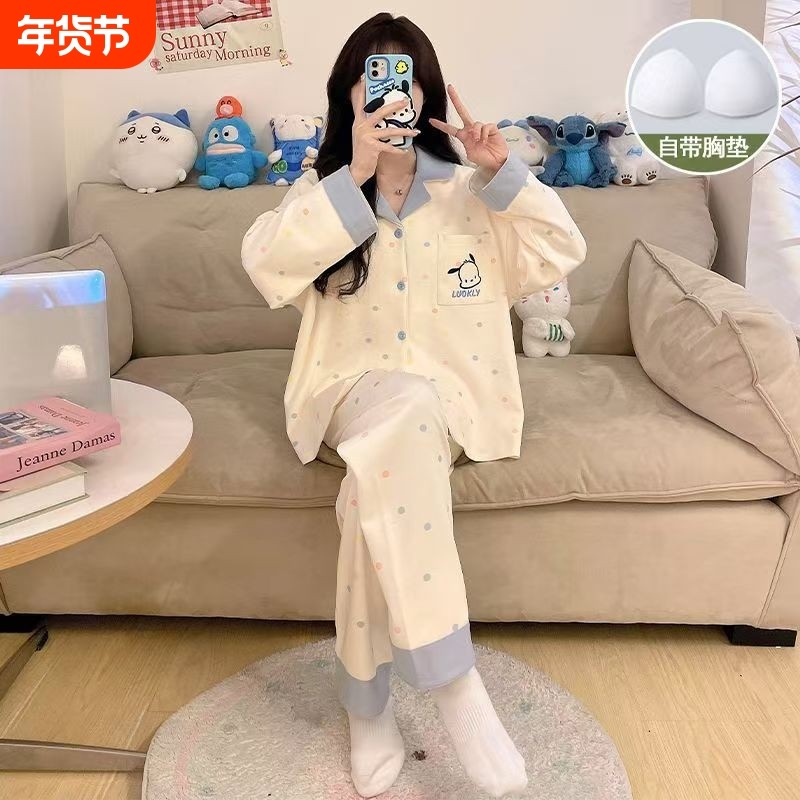 带胸垫睡衣女春秋款长袖2025新款可爱甜美夏天家居外穿波点黑色