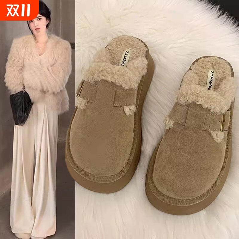 厚底包头半拖鞋女外穿2025新款秋冬加绒保暖羊羔毛毛勃肯鞋子棉拖