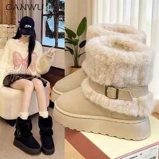 冬季 白鹿同款 2025新款 鞋 加绒保暖皮毛一体短靴子 毛毛雪地靴女大码