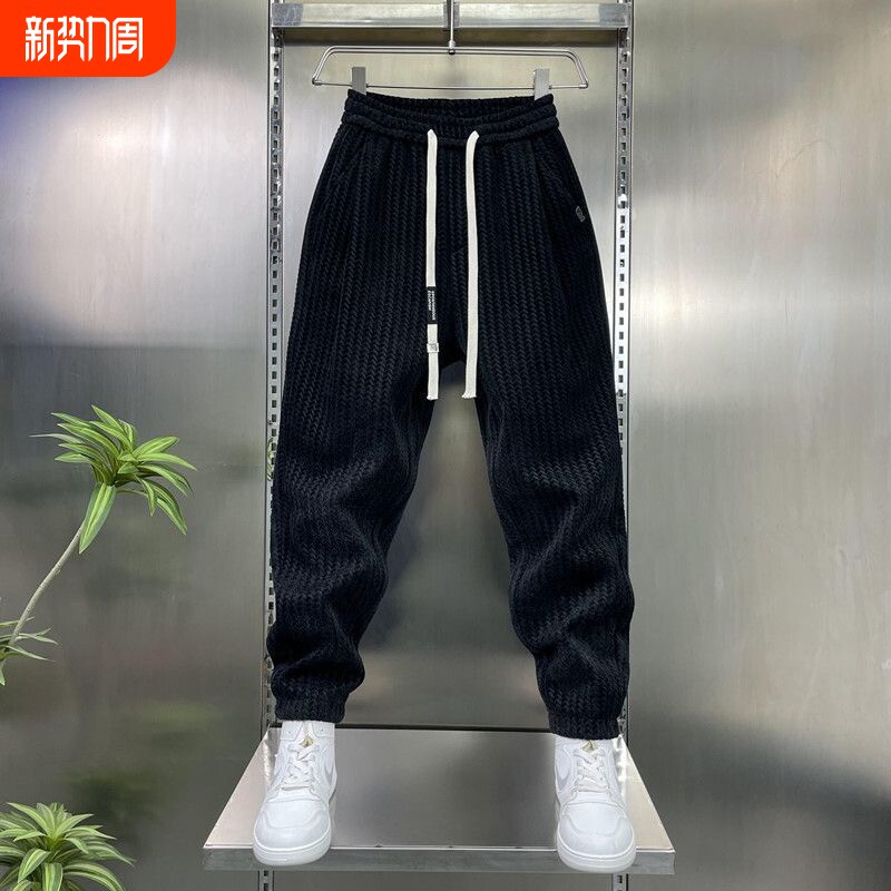 2026春秋新款加厚男士宽松休闲潮流束脚裤男裤休闲裤小脚裤子黑色