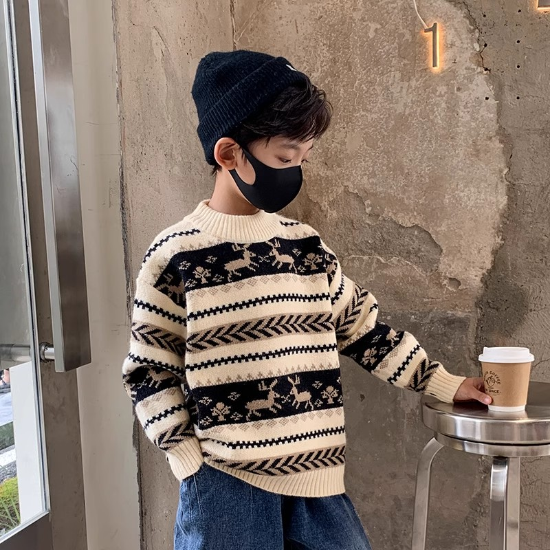 男童秋冬款儿童装圣诞麋鹿针织线衣大童男孩冬装上衣厚款绿色灰色