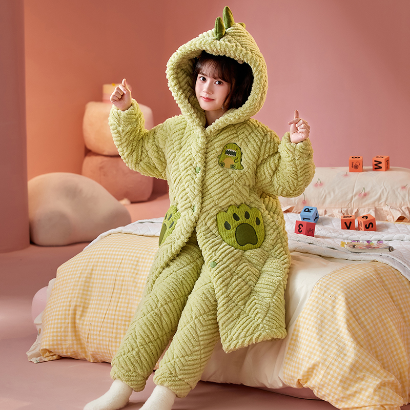 女童睡袍珊瑚绒冬季三层加厚夹棉