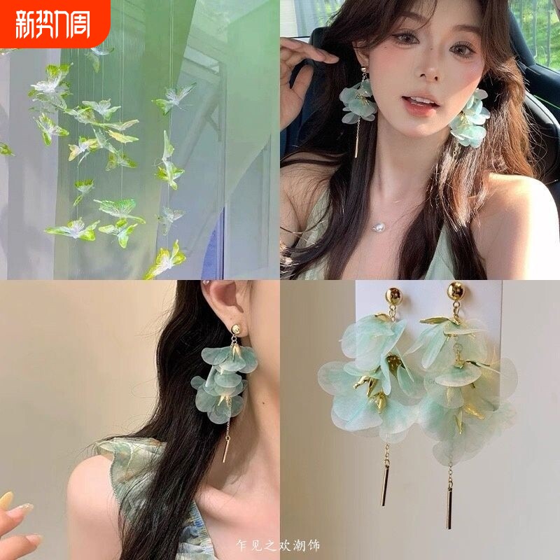 美丽轰鸣紫色网纱流苏花朵耳环女气质长款耳坠耳钉独特夸张耳饰