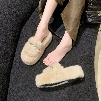 厚底毛毛拖鞋女秋冬季外穿高级感2025新款网红水钻保暖棉拖ins潮