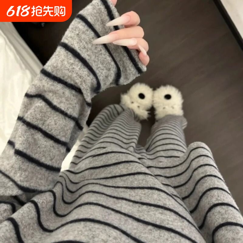 韩版ins简约条纹睡衣女学生保暖圆领长袖长裤宽松德绒家居服套装