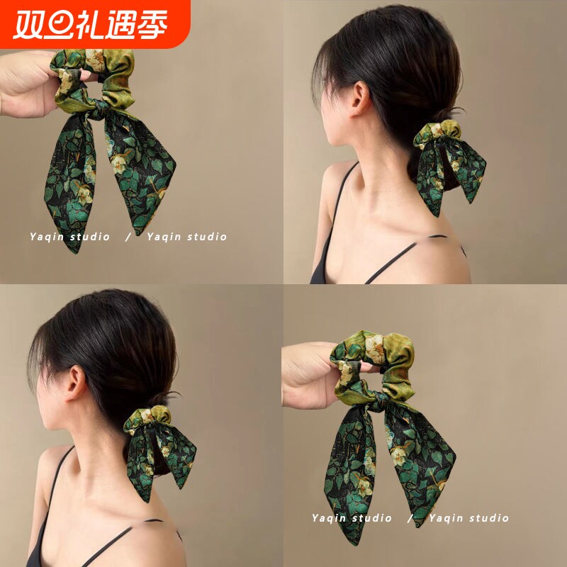 新款头绳发带发圈皮筋发绳星空缎面油画发饰女大肠野玫瑰梵高飘带