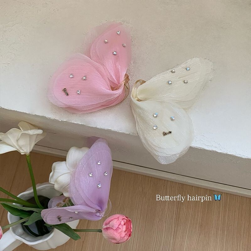 迷蝶薄纱抓夹后脑勺盘发鲨鱼夹半扎发夹子头饰品发卡紫色蝴蝶粉色