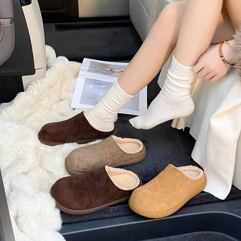 勃肯棉拖女新款秋冬加绒保暖棉鞋一脚蹬懒人半拖鞋居家平底毛拖鞋