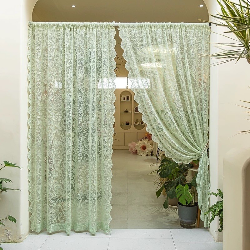 免打孔魔术贴窗帘白色纱帘蕾丝绣花纱韩式卧室飘窗隔断法式遮光