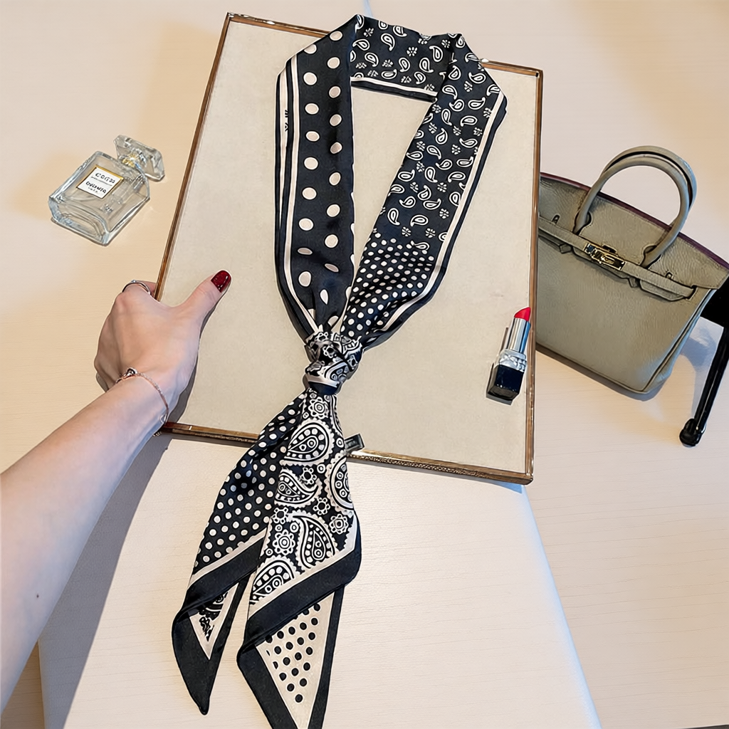 长条小丝巾女飘带春夏季韩国2025新款装饰小领巾发带黑色波点咖色