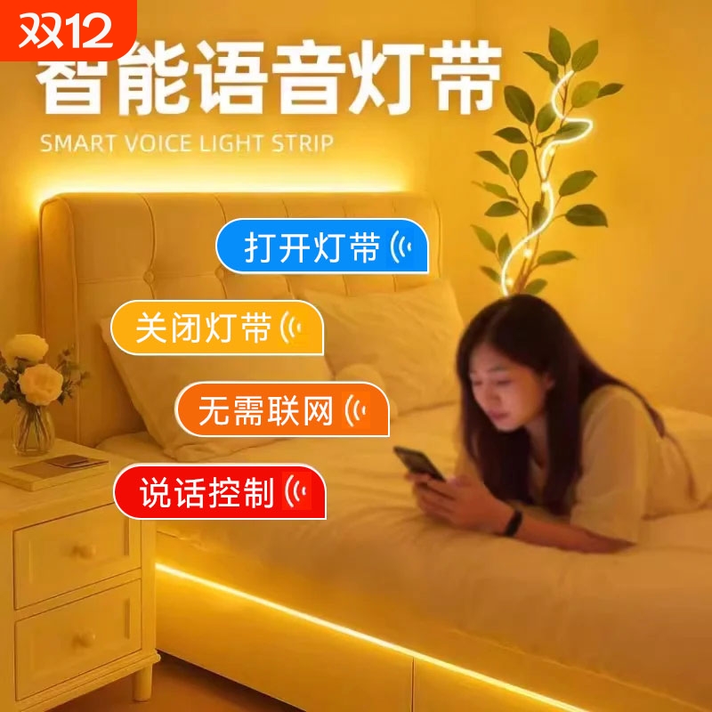鼎雁床头氛围灯带卧室led灯条背景墙电视柜220v语音开关三色新款