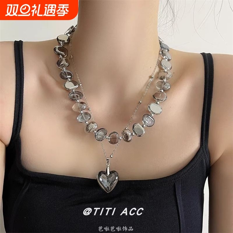 法式复古不规则水晶串珠项链女小众高级感双层叠戴爱心吊坠锁骨链