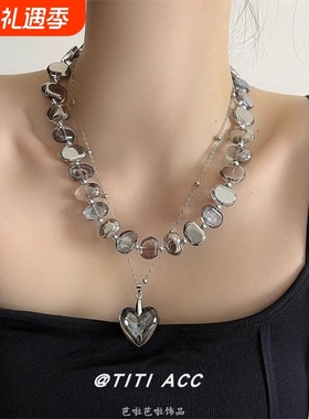 法式复古不规则水晶串珠项链女小众高级感双层叠戴爱心吊坠锁骨链