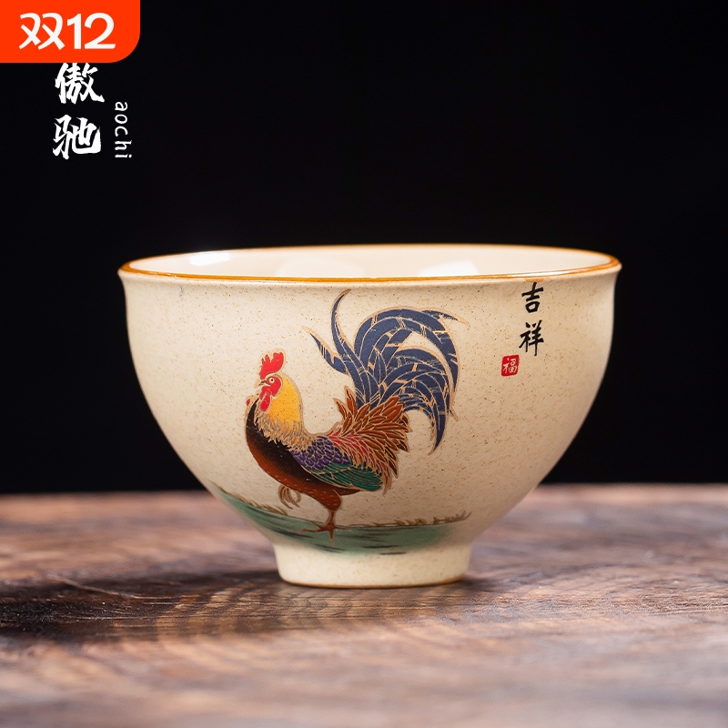 傲驰粗陶仿古鸡缸杯品茗杯斗彩鸡公杯个人专用喝茶主人杯单杯茶盏