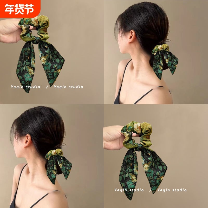 新款头绳发带发圈皮筋发绳星空缎面油画发饰女大肠野玫瑰梵高飘带