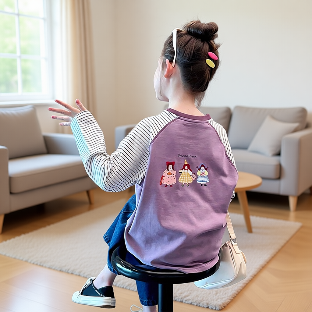 大女童洋气拼接条纹长袖t恤儿童插肩袖打底衫2025春秋装新款薄款