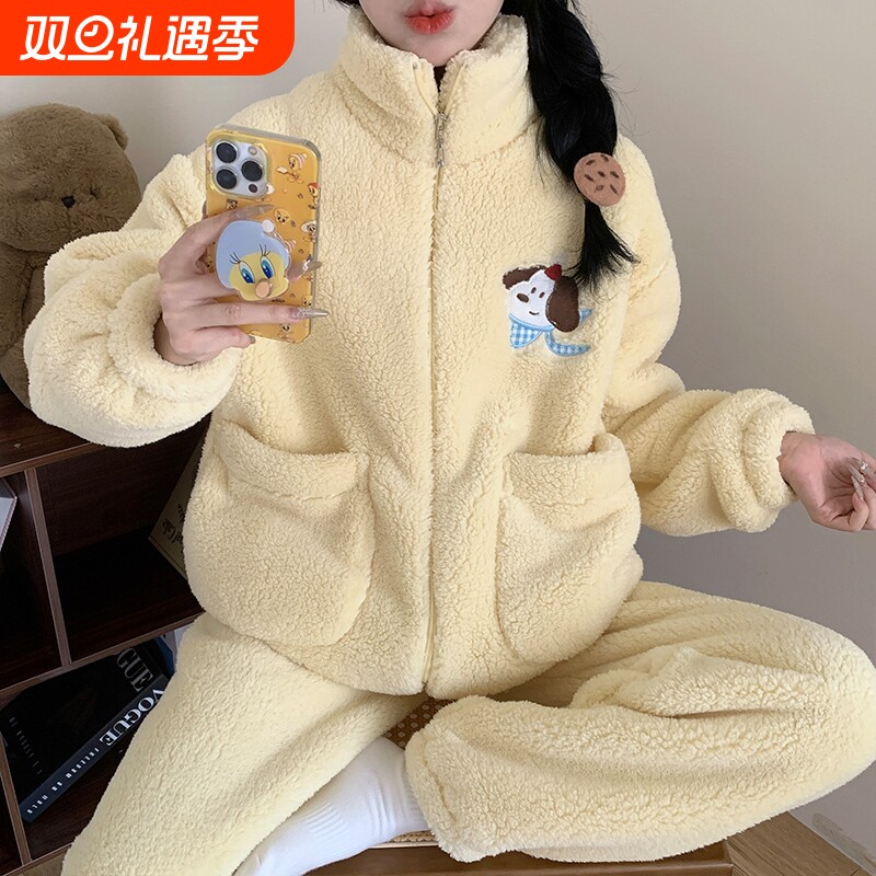 法兰绒睡衣女秋冬款加绒加厚珊瑚绒可爱保暖家居服可外穿柔软外出