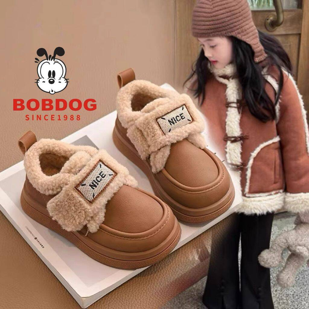 巴布豆真皮女童棉鞋2025冬季新款儿童加绒公主鞋加绒保暖百搭皮鞋