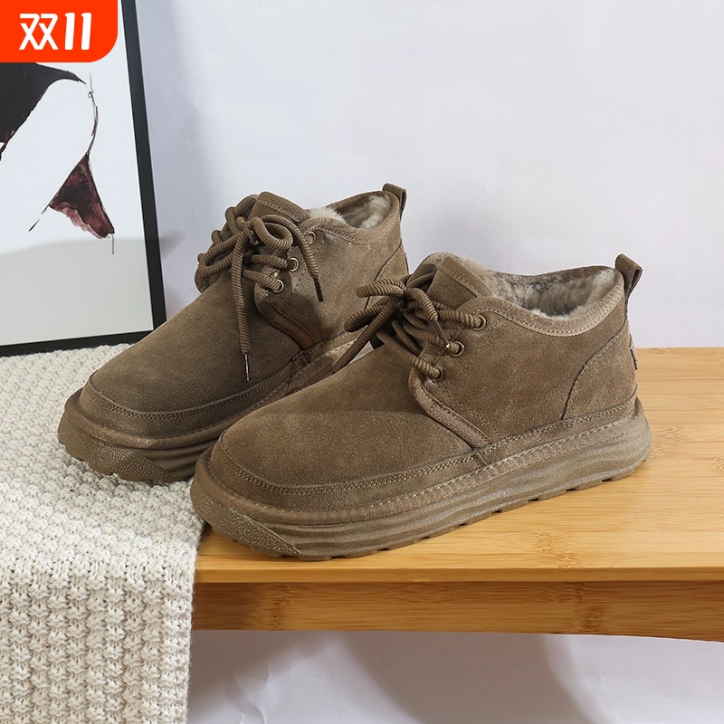 厚底真皮保暖防滑东北系带棉鞋女2025冬季新款皮毛一体磨砂雪地靴