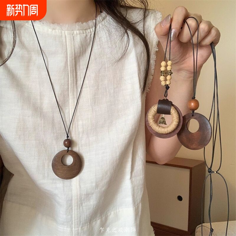 新中式禅意民族风编织木质长款项链女复古波西米亚颈链度假风配饰