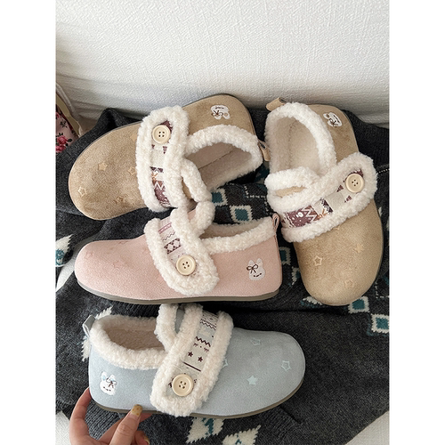 软萌加绒勃肯鞋女冬2025新款厚底半拖鞋毛绒全包毛毛雪地棉鞋甜桃