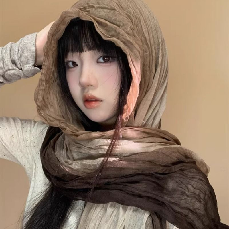 复古民族风围巾废土风亚麻褶皱头巾2025新款沙漠丝巾长条围脖披肩