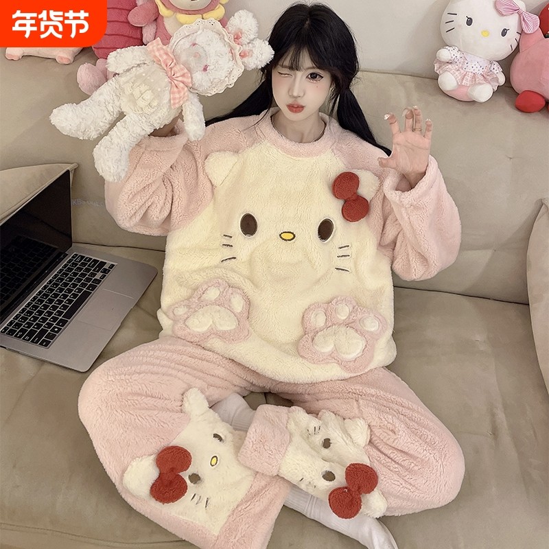 半边绒睡衣女款秋冬季加厚加绒可爱kt猫长袖珊瑚绒保暖女士家居服