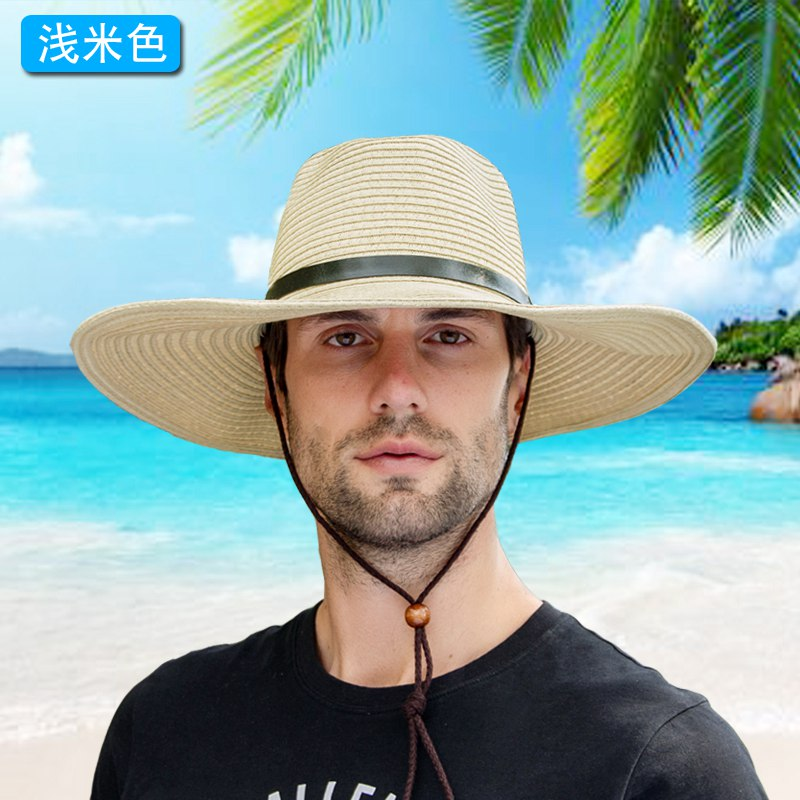 欧美新款跨境帽子男士户外遮阳帽海边度假沙滩帽大檐编织草帽