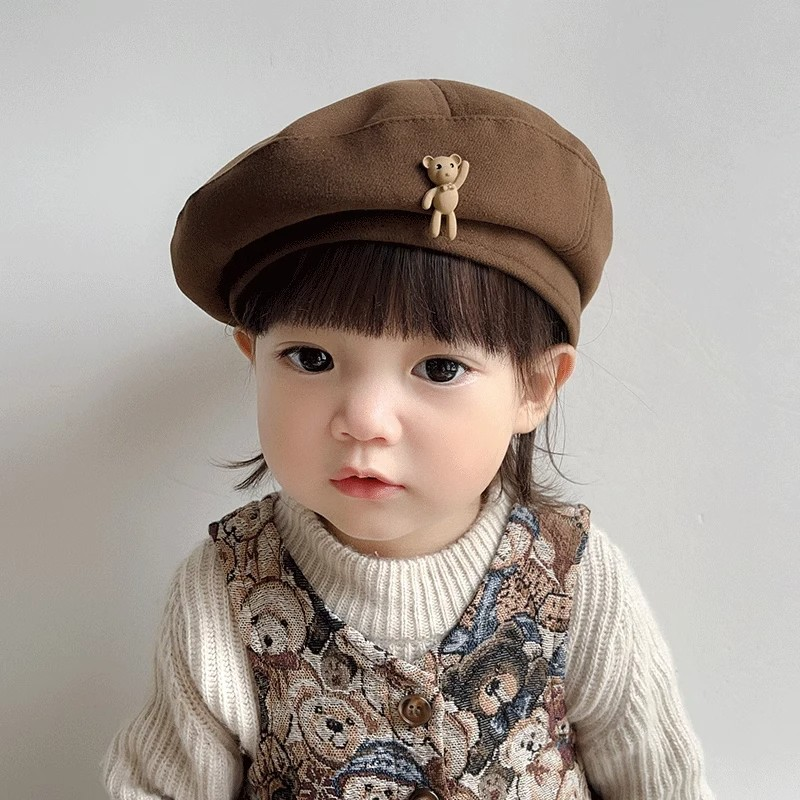 儿童帽子秋冬季女孩防寒加绒韩系时尚可爱2025新款画家小熊贝雷帽