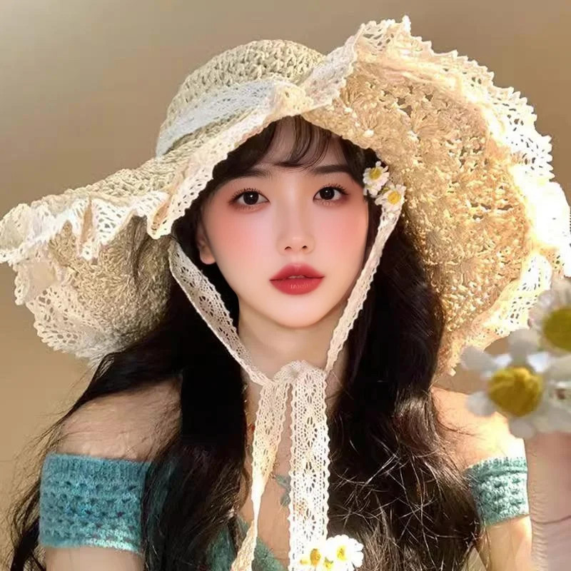 蕾丝花边大帽檐草帽|千人加购