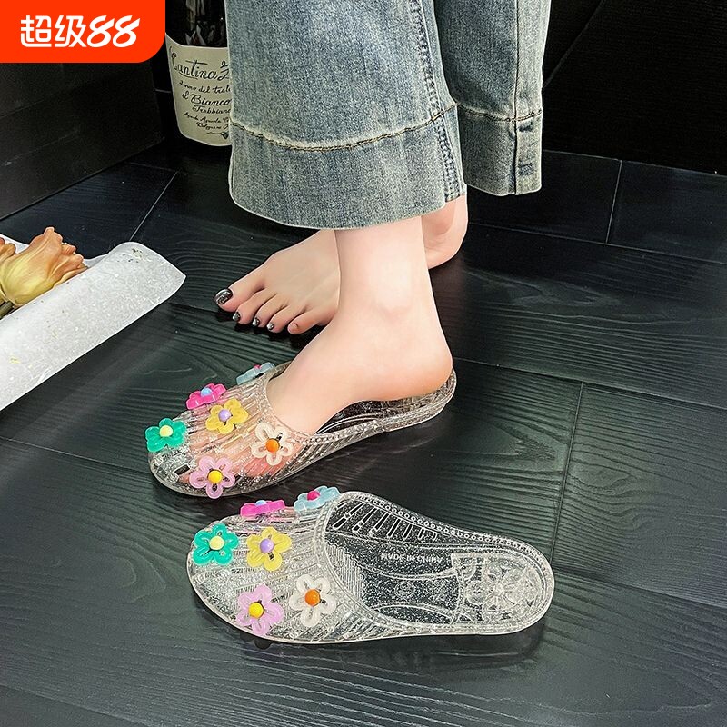水晶鞋凉鞋女平底透明半拖外穿鞋图片
