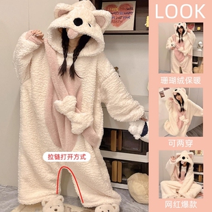 珊瑚绒睡衣女款2025新款秋冬季男士加厚可爱狗睡袍睡裙连体家居服