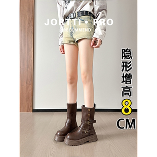 厚底增高百搭中筒短靴 春秋季 羊皮版 美拉德棕色马丁靴女2025新款
