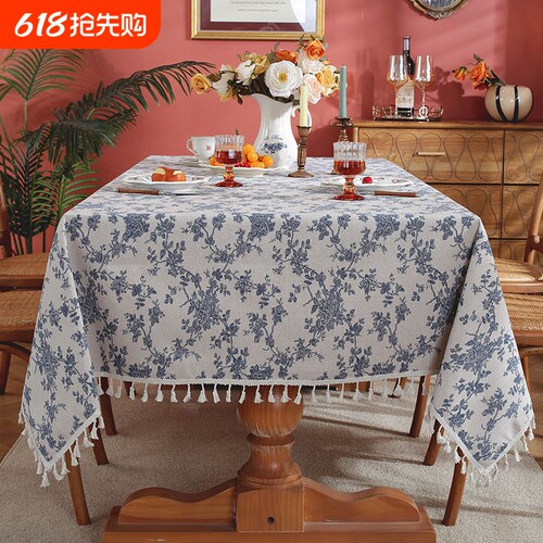 复古青花瓷中式古典棉麻桌布布艺简约餐桌垫日式茶几台布蕾丝花边