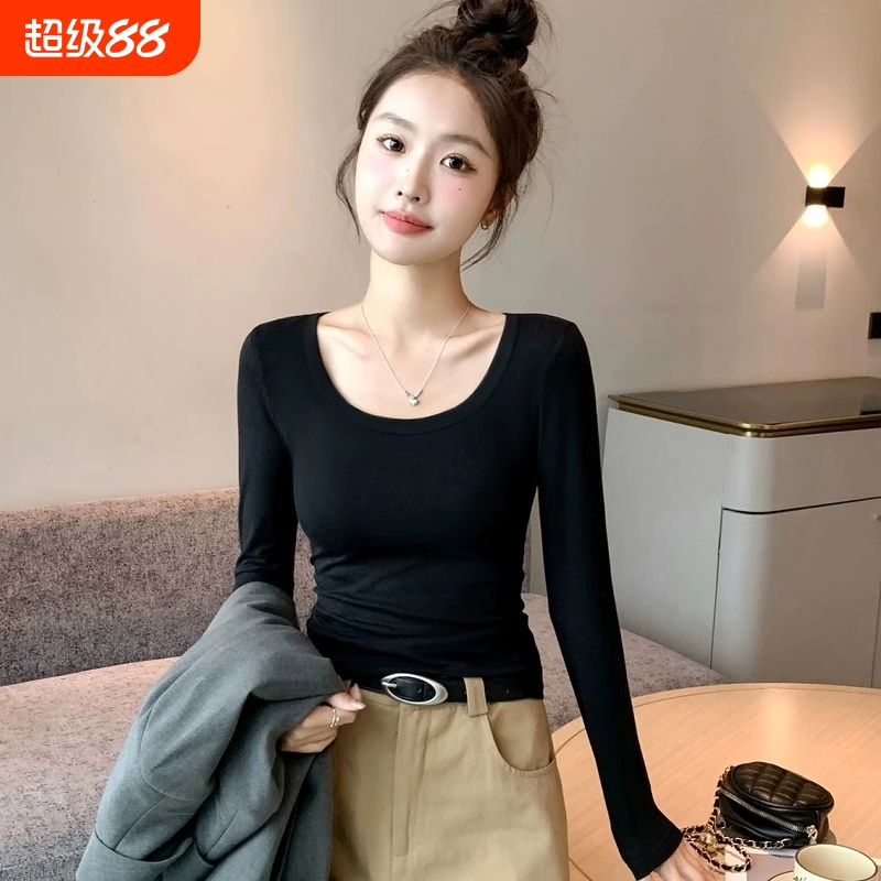 黑色圆领正肩打底衫女内搭2025秋冬新款洋气低领紧身纯棉长袖上衣