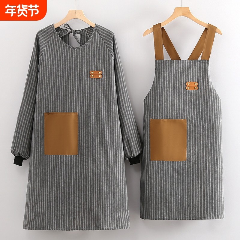 防污厨房家用罩衣女时尚长袖围裙简约棉布耐磨护衣餐饮专用围腰男