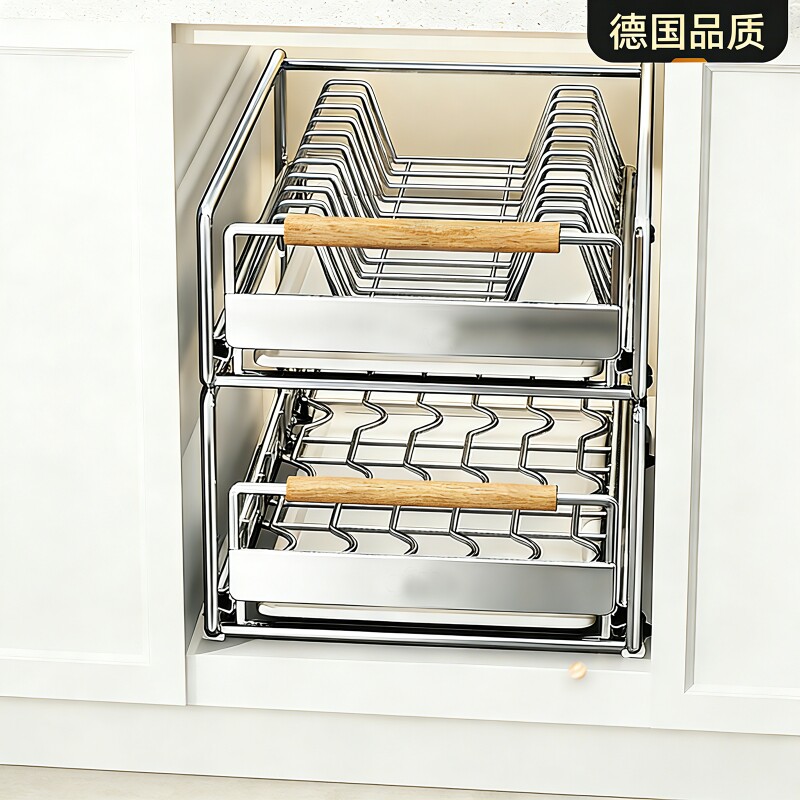 不锈钢碗碟收纳架厨房橱柜内置物架抽屉式拉篮抽拉盘沥水碗架移动