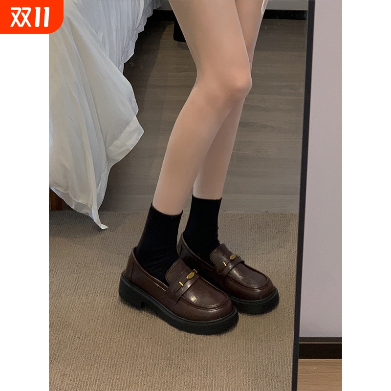 贾不假乐福鞋女2025秋季新款鞋子复古通勤黑色厚底英伦风小皮鞋