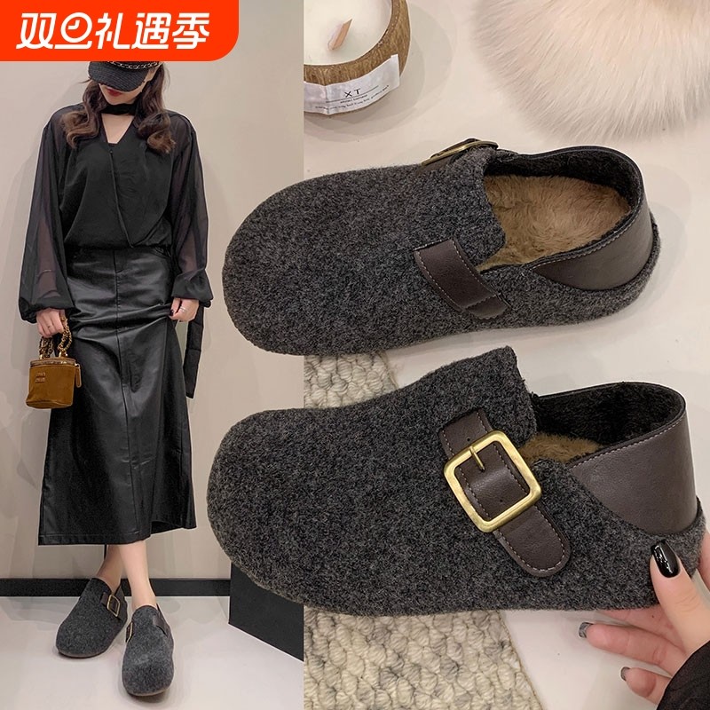 厚底内增高两穿勃肯鞋女2025新款秋冬毛呢懒人加绒棉鞋单鞋圆头