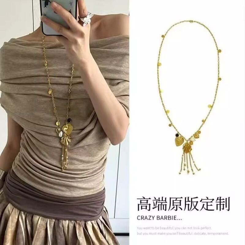 古早文艺风!金色贝壳流苏长款项链度假风新款春夏吊坠小众颈链女