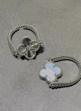 全新高定品质红玛瑙双面四叶草戒指紫玉髓蓝玛瑙灰贝母可翻转镭射