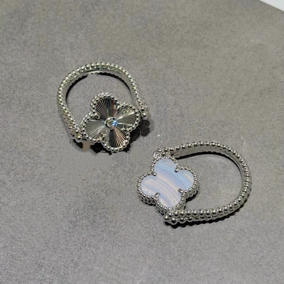 全新高定品质红玛瑙双面四叶草戒指紫玉髓蓝玛瑙灰贝母可翻转镭射