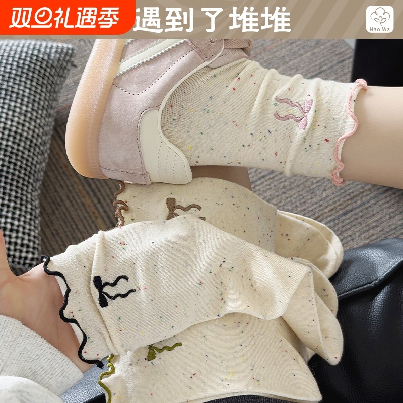 蝴蝶结袜子女夏天薄款纯棉底中筒袜木耳花边袜春秋无骨女生堆堆袜