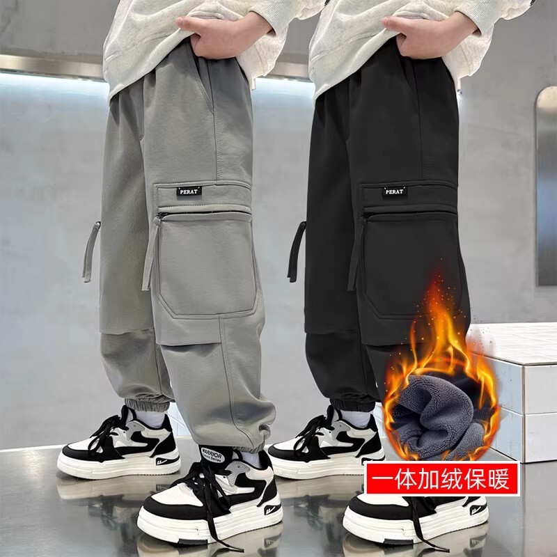 男童秋装裤子一体绒2025新款儿童休闲长裤中大童秋冬季加绒工装裤