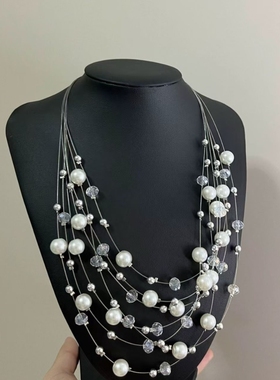 【月华叠梦】富家千金法式多层隐形鱼线串珠项链设计高级晚宴礼服